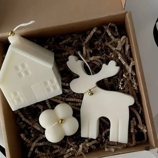 Bestseller 3pcs/set Elk Cube House Scent Candle Silicone Mold DIY Drip Glue Resin Gypsum Desktop Home Decor Handmade Winter Christmas Gifts ddmySat