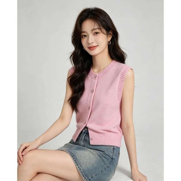 Designer Inspired Women's Knit Vest, Pink Round Neck — compare prices at CompareOffers