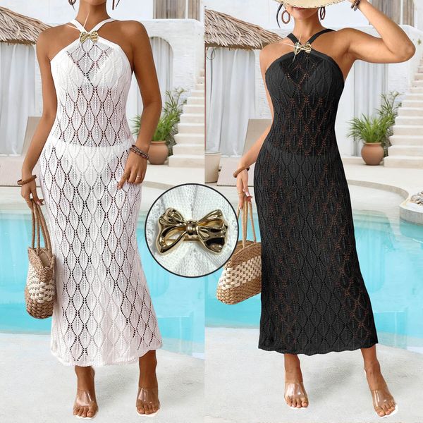 Bestseller Women's Sexy Backless Hollowed-Out Leaf Jacquard Strap Dress Bikini Cover-Up With Metal Bow Detail Ddmylion