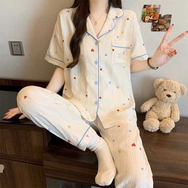 Summer Korean-Style Casual Cloud Cotton Womens Plus-Size Pajamas Girls Short-Sleeve and Long Pants Ins-Style Loungewear L260525