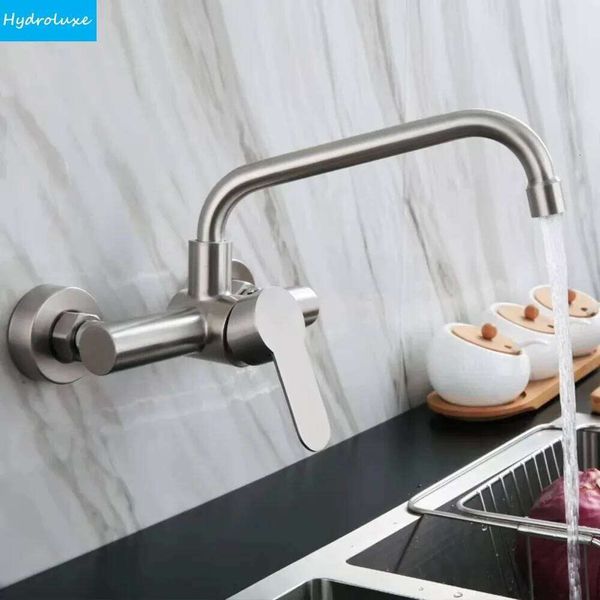 Kitchen Stainless Steel Wall Mount Water Faucet 360° Swivel Spout Hot Cold Mixer Flexible Ceramic Valve High Pressure Flow Taps