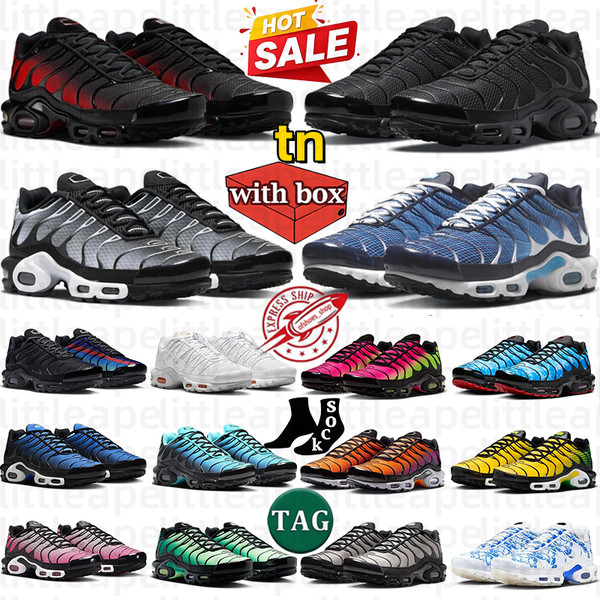 with box tn men women running shoes designer tns sneakers outdoor durable trainers tnss comfortable sports shoe black white green yellow grey blue red Midnight Navy