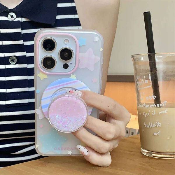 Korean Cute Star Magnetic Phone Case For iPhone 16 15 13 14 Pro Max Back Cover with Magsafe Stand Holder Shockproof Cases