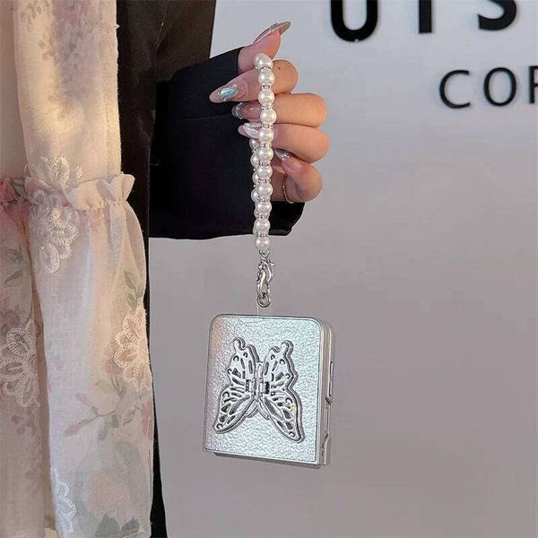 Fashion Silver Leather Phone Case For Samsung Galaxy Z Flip 7 6 5 4 3 Flip6 Flip7 Flip5 Cover with Butterfly Stand Chain Cases