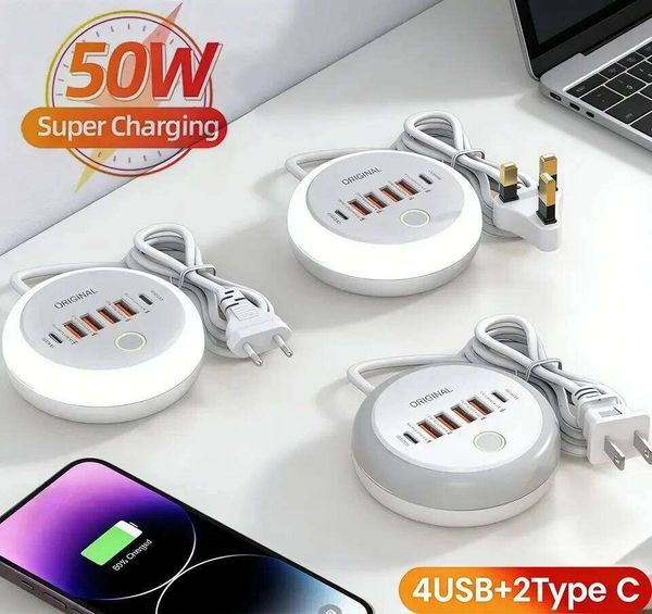 50W USB Type C Phone Charger Multi Ports Power Strip Fast Charging Travel Socket For iPhone Samsung Xiaomi Quick Charge Adapter