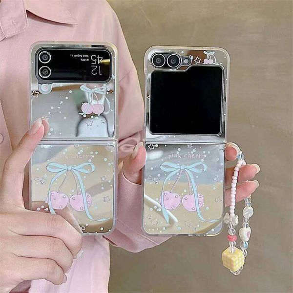 Korean Cute Cherry Mirror Phone Case Samsung Flip 6 5 4 Cover with Chain Kawaii Cases For Galaxy Z Flip5 Flip6 Flip4 Funda
