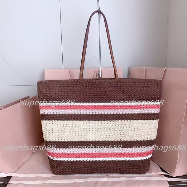 raffias effect woven Striped tote bag luxury beach bag summer designer shoulder bags lady travel handbags female woven raffia picnic beach bag