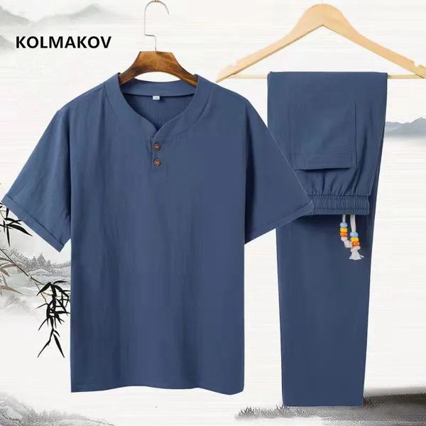 Shirt trousers 2026 summer men shirt Cotton and linen shirts elastic waist Short sleeve casual men's size M5XL