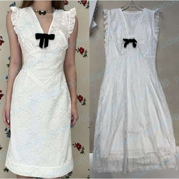 Lace Dresses for woman designer Bow Decoration White Sleeveless Dress With Satin Slip Inner Dress Two Piece Lace Deep V-neck design Brand logo Elegant Exquisite