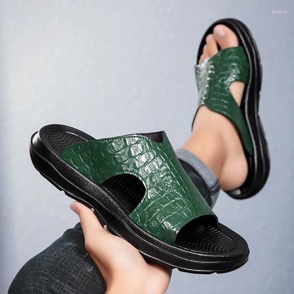 Sandals Fashion Men's Crocodile Embossed Green Blue Slide Designer Comfortable Thick Sole Non-Slip Summer Beach Slides
