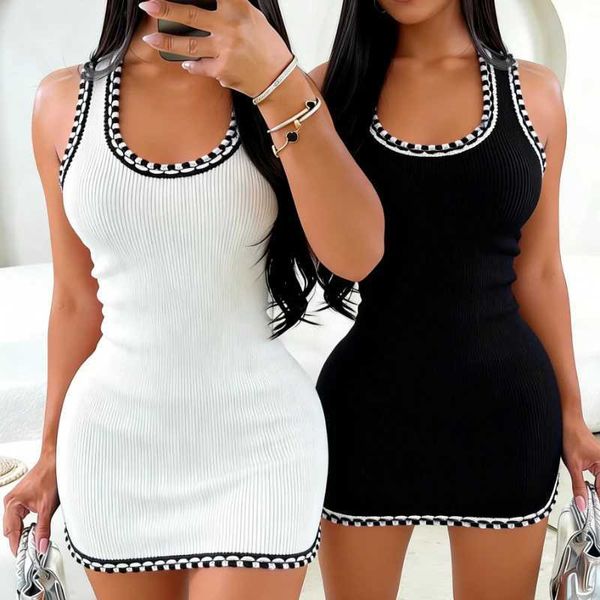 Womens White Sleeveless O Neck Sundress Contrast Trim Stretchy Knit Bodycon Mini Dress Casual Party Clubwear Short Dress L260604