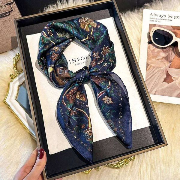 Luxury Brand 2025 Floral Print Square Silk Scarf for Women Hijab Hair Bands 70cm Neckerchief Female Satin Shawl Ribbon Headband 26Y0605