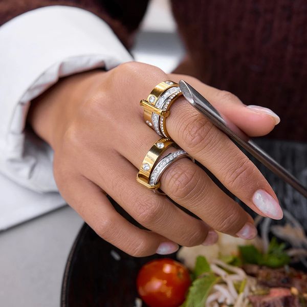 Uworld Classic 18K Gold Plated Gold And Silver Color-Blocked Multi-Ring Stacking n Rings With White Rhinestone Jewelry Gift260530