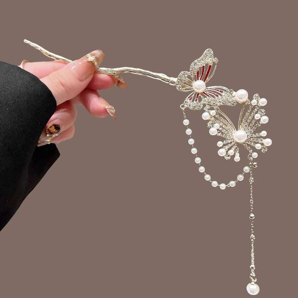 Elegant Rhinestone Butterfly Hairpin for Women New Chinese Style Sticks Pearls Pendant Decor Bride Wedding Hair Jewelry