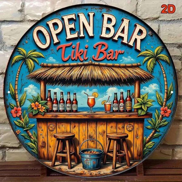 Retro Beach Tiki Bar Metal Round Sign 8 Inch Wall Art Decor 26L0606