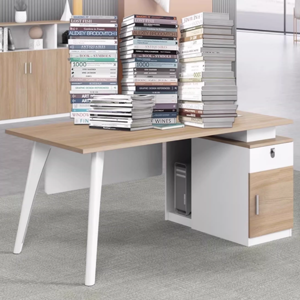 Modern Wooden Office Desk with Rolling Lock Cabinet, Metal Leg Computer Work Table for Home Study & Office