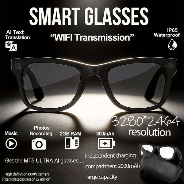 Voice Wake-Up & AI Translation Smart Glasses 3D Music BT Call 8Mp HD Lens 2026 Genuine Leather Design 2000Mah Charging Case Sunglasses