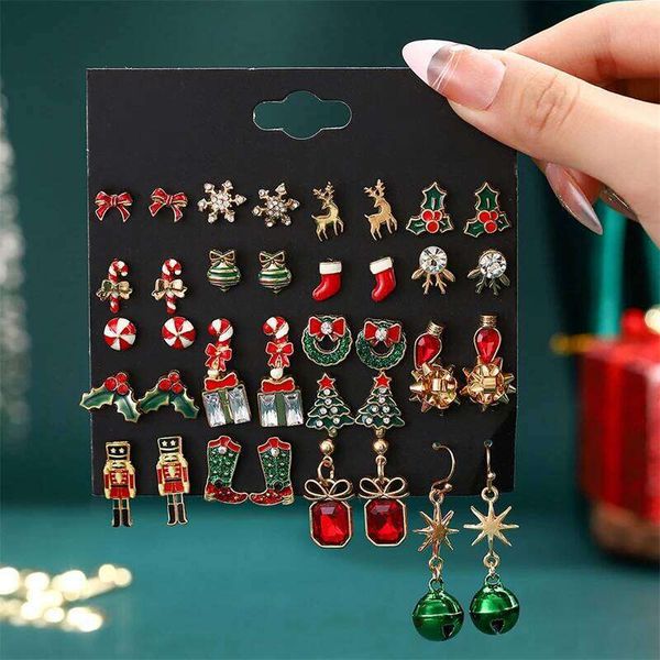 12/20 Pair Christmas Set For Women Shiny Crystal Zircon Snowflake Bowknot Elk Xmas Tree Earring Girl New Year Gifts