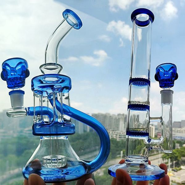 Blue Glass Bong Hookahs Recycler Function Water Pipe Shisha Bubbler with 14mm Bowl