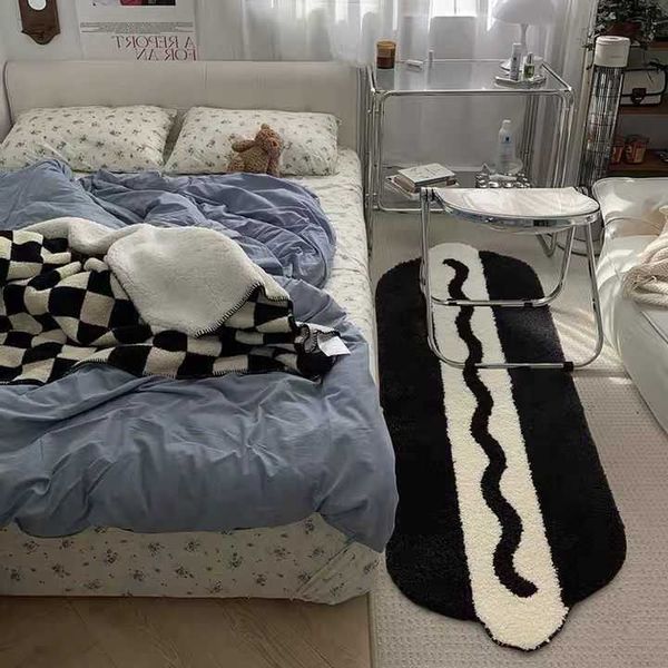 Faux VIKAMA Cashmere Bedside Carpet Black And White Wind Bedroom Living Room Window Stain Resistant Floor Cushion Home Decor D260608