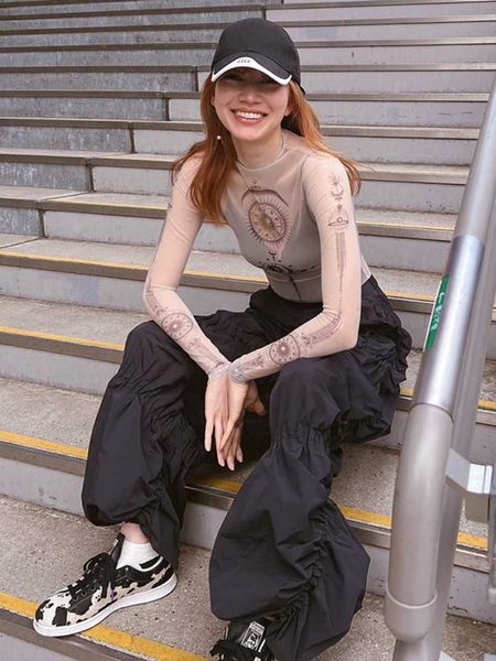 Mesh Graphic T Shirts Streetwear See Through Y2k Clothes Slim Long Sve Crop Top Women Vintage Hot Ropa De Mujer