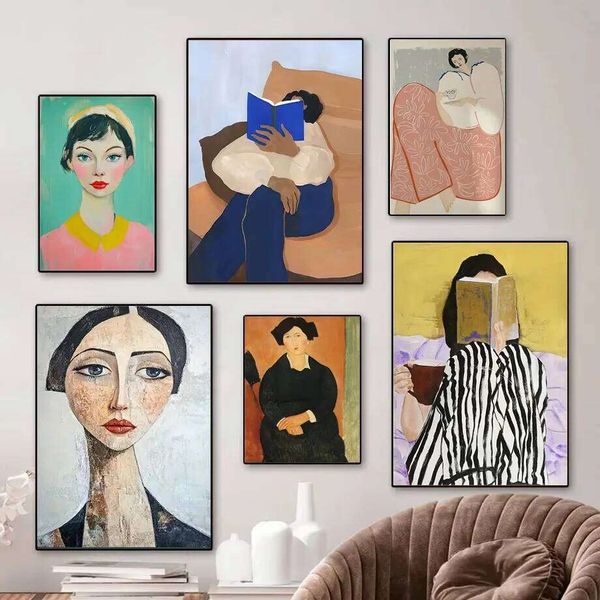 1pc Vintage Abstract Female Portrait Oil Painting Print Modern Home Living Room Bedroom Bathroom Canvas Wall Art Decor 26L0608