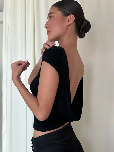 Women's T Shirts O Neck Short Sleeve Backless Ruched Crop Top Streetwear Summer Spring Casual T-Shirt Drop