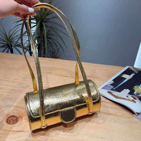 Women Designer Underarm Pillow Bag Shiny Silver Leather Cylindrical Handbag Multi Colors Vintage Gold Metal Hardware Matelasse Chain Portable Shoulder Purse 17cm
