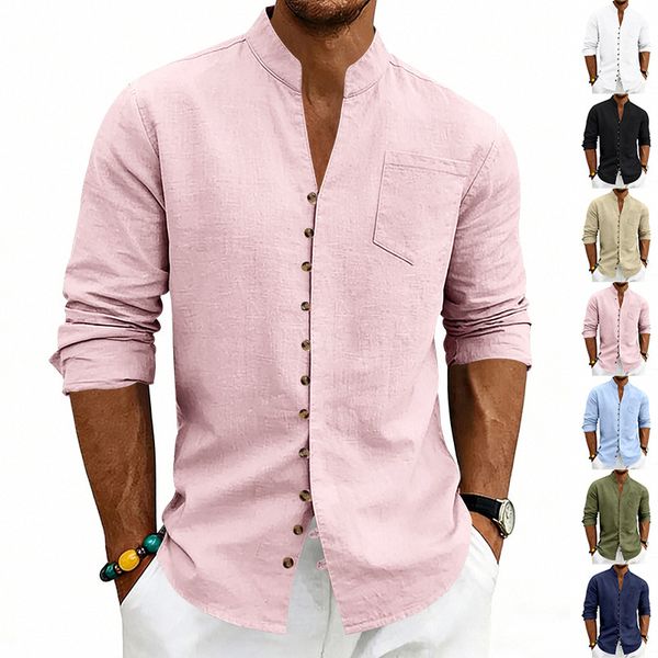 2026 Summer Mens Stand Collar Linen Shirt Solid — compare prices at CompareOffers
