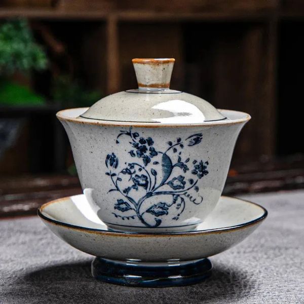 room Luxury Designer Decor Vintage Firewood Hand Painted Gaiwan Ceramic Blue And White Ceremony Kung Fu Tea Set Stoare Brewing Cover Bowl Tu 31 1022