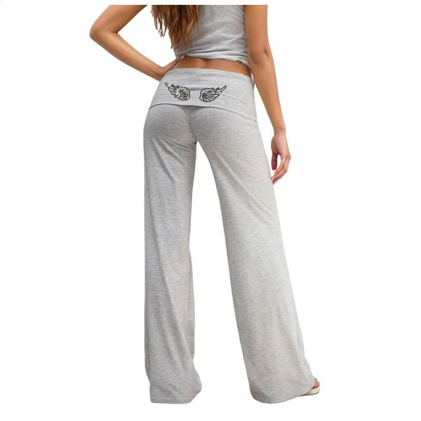 Womens Angel Wing Embroidered Wide Leg Pants Low Rise Fold Over Waist Loose Fit…