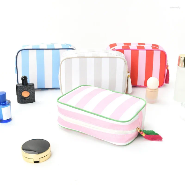 Cosmetic Bags Cross Border Contrasting Striped Tassel Pendant Makeup Bag Large Capacity Portable Toiletry High Aesthetic Travel Storage