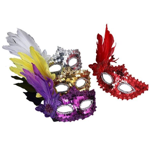 Women Girls Feather Masquerade Eye Mask Sequins Prom Mask Halloween Party Cosplay Costume Wedding Decoration Props Half Face Eyes Masks JY1173