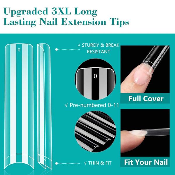 240PC Professional 3XL Extra Long Clear Square Nail Tips 12 Sizes Half Cover Acrylic Nails NO C CURVE Long Square Fake Nail Tips C260609