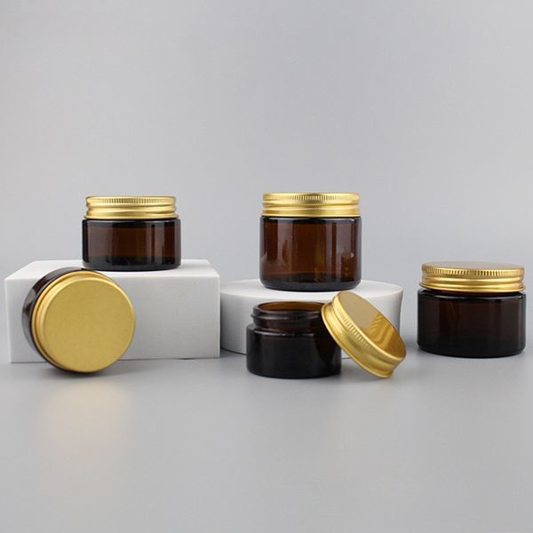 Eco Friendly Amber Glass Cosmetic Jars With Black Aluminum Lids 1oz 2oz 60ml Empty Face Cream Packaging Pots