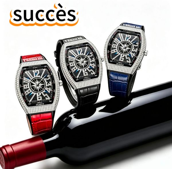 PINTIME men's watch, tonneau-shaped watch, yacht-style full diamond waterproof quartz watch