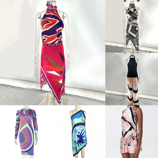 Geometric Print Vest Skirt Set For Women Designer Sexy Open Back Top High Waist Asymmetric Skirts Resort Wear Retro Colour Block Dresses