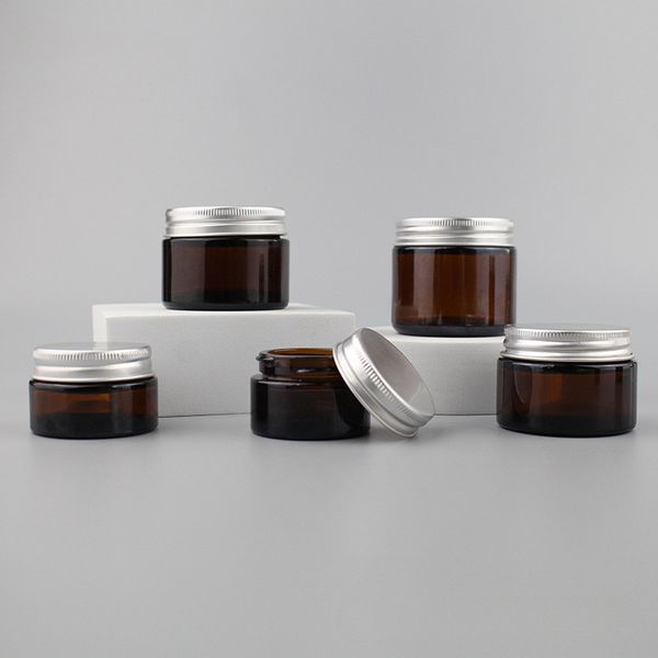 Frosted Amber Glass Cosmetic Cream Jars With Black Metal Lids 5g 15g 30g 50g 60g Empty Face Eye Skincare Containers