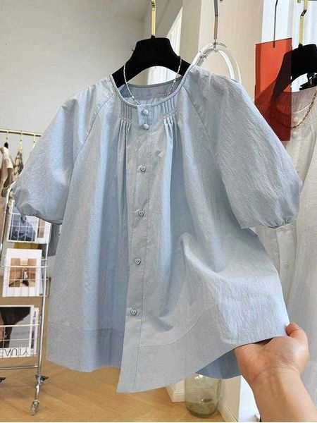 Blouses Women's Tops Single Breasted O-neck Causal Shirts 2025 Summer New Korean Solid Colour Short Sleeve Shirt