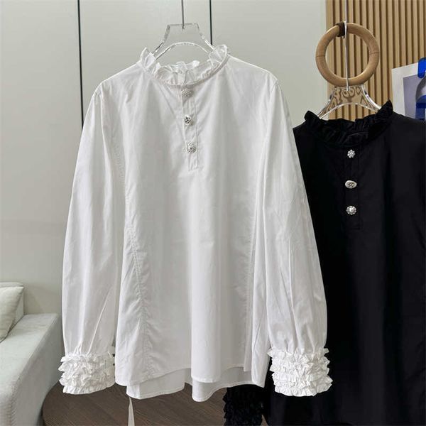 Mujer De Moda Stand Blusas Neck Ruffles Long Sleeve Blouse Women Clothing White Tops Fashion Lantern Sleeve Sweet Shirts