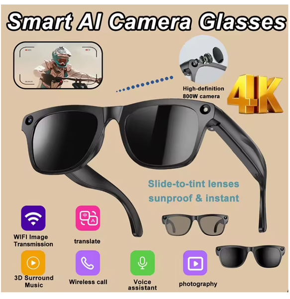 4k Smart AI Bluetooth Glasses HD 800W pixel Shooting Waterproof Camera Photo Video Voice Call Translation Smart Glasses 2026