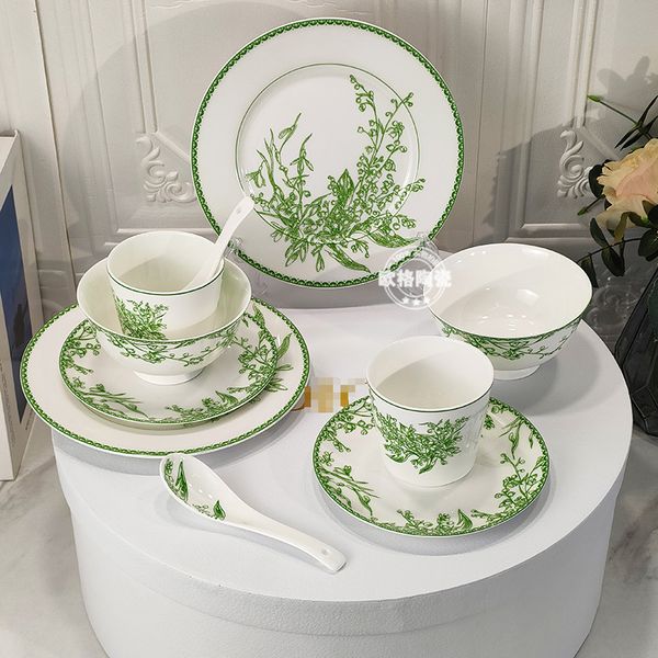 Lucky Lily of the Valley series bone china tableware set European-style household western food plate bowl spoon dish cup combination