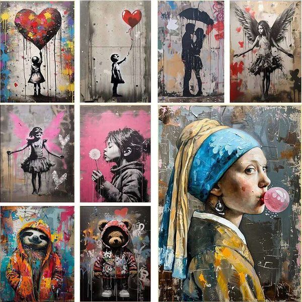 Banksy Graffiti Boy Girl with Balloon on Diamond Posters Prints Pop Street Wall Art Painting for Living Room Home Decor Cuadros 26L0610
