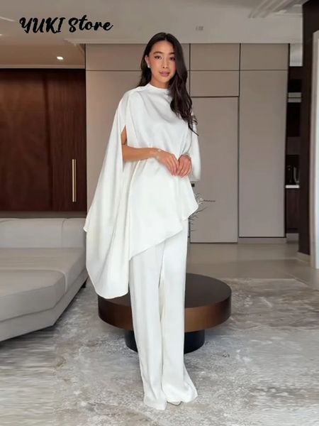 Loose Casual Satin Asymmetric Top Pant Sets Women Solid O-neck Shawl Tops Wide Leg Trousers 2026 Spring Summer Lady Outfits 260611