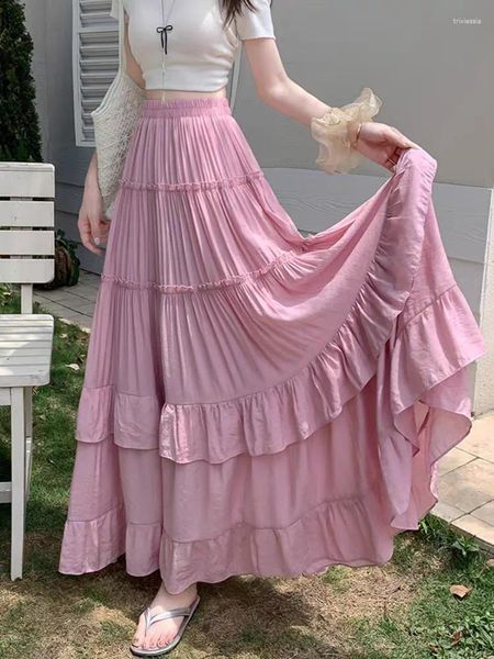 Skirts White Tiered Ruffle Hem Skirt 2026 - High Waist Flowy A-Line Maxi Summer Chiffon Layered With Pleats