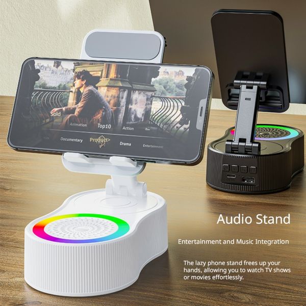 Rotating audio speaker holder for mobile phones; includes a power bank, Bluetooth speaker, and a compact, portable ambient lighting device.