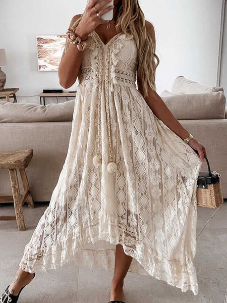 Dresses Casual White Lace Long Dress Women Off Shoulder Slveless Sundress Strap Beach Dress Solid V Neck Robe Longue