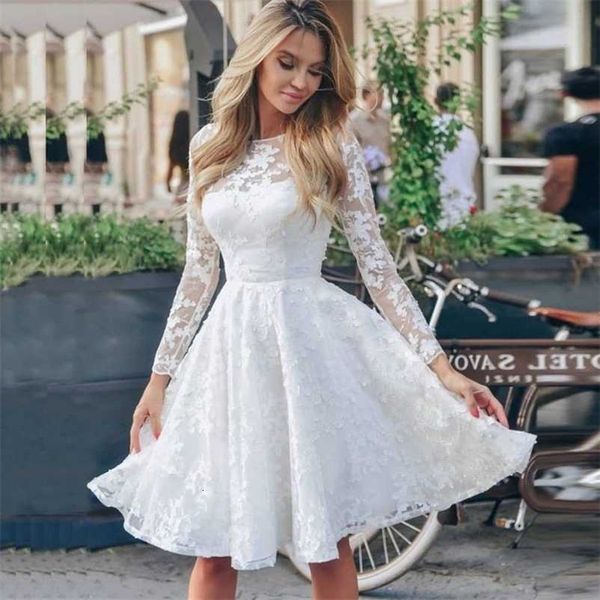 Dresses Casual Women Midi White Lace Hook Flower Hollow Patchwork Boho Long Slve Femme Wedding Party Robe