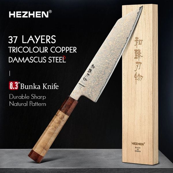 HEZHEN 83 inch Bunka Custom 37Layer Tricolor Copper Damascus Steel Knife Chef Knives Meat Cleaver Kitchen 260612