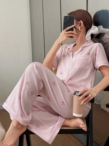 Women Bow Striped Print Pajama Sets Summer Short Sleeve Sleep Tops With Pants Pajamas Sets Comfortable Sleepwear Loungewear L260525